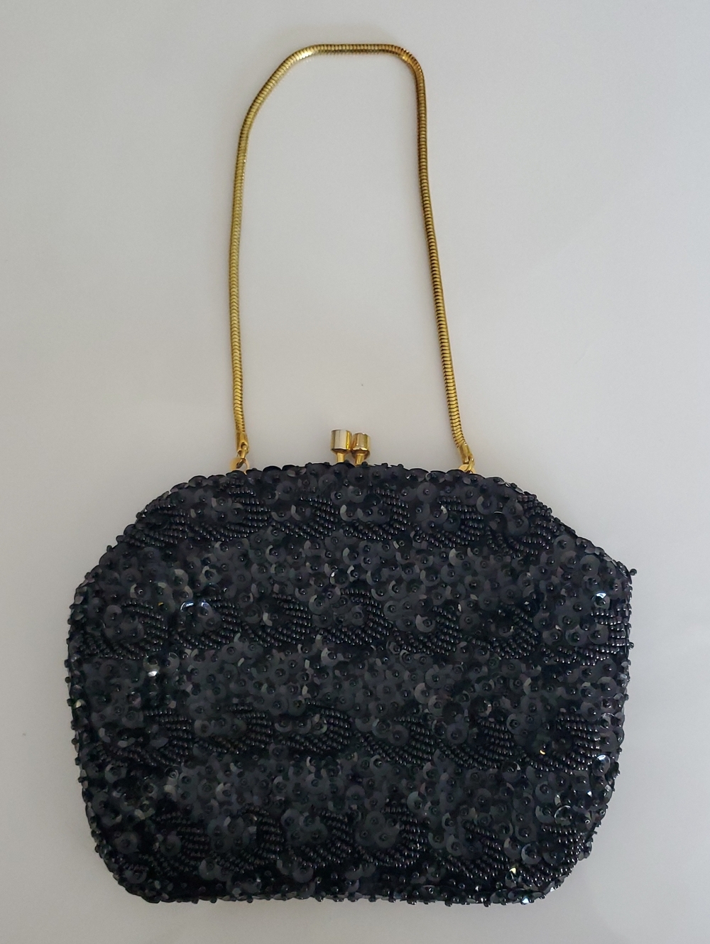 Goldco Black Beaded Evening Clutch with Gold Chain Handle